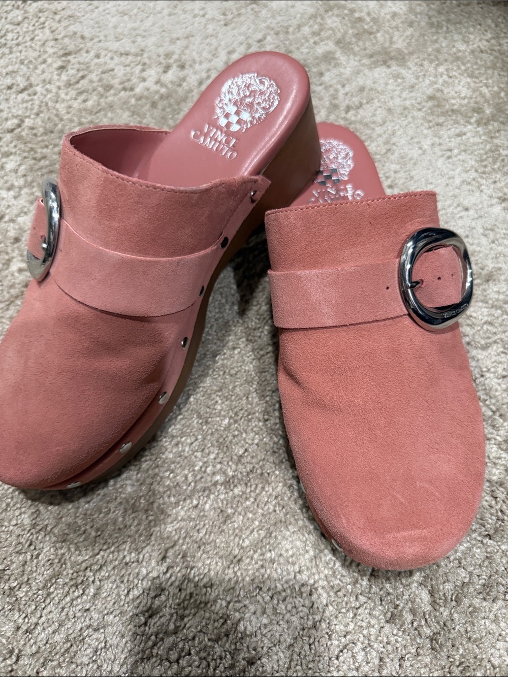 Vince Camuto Rose Pink Suede Buckle Mules
